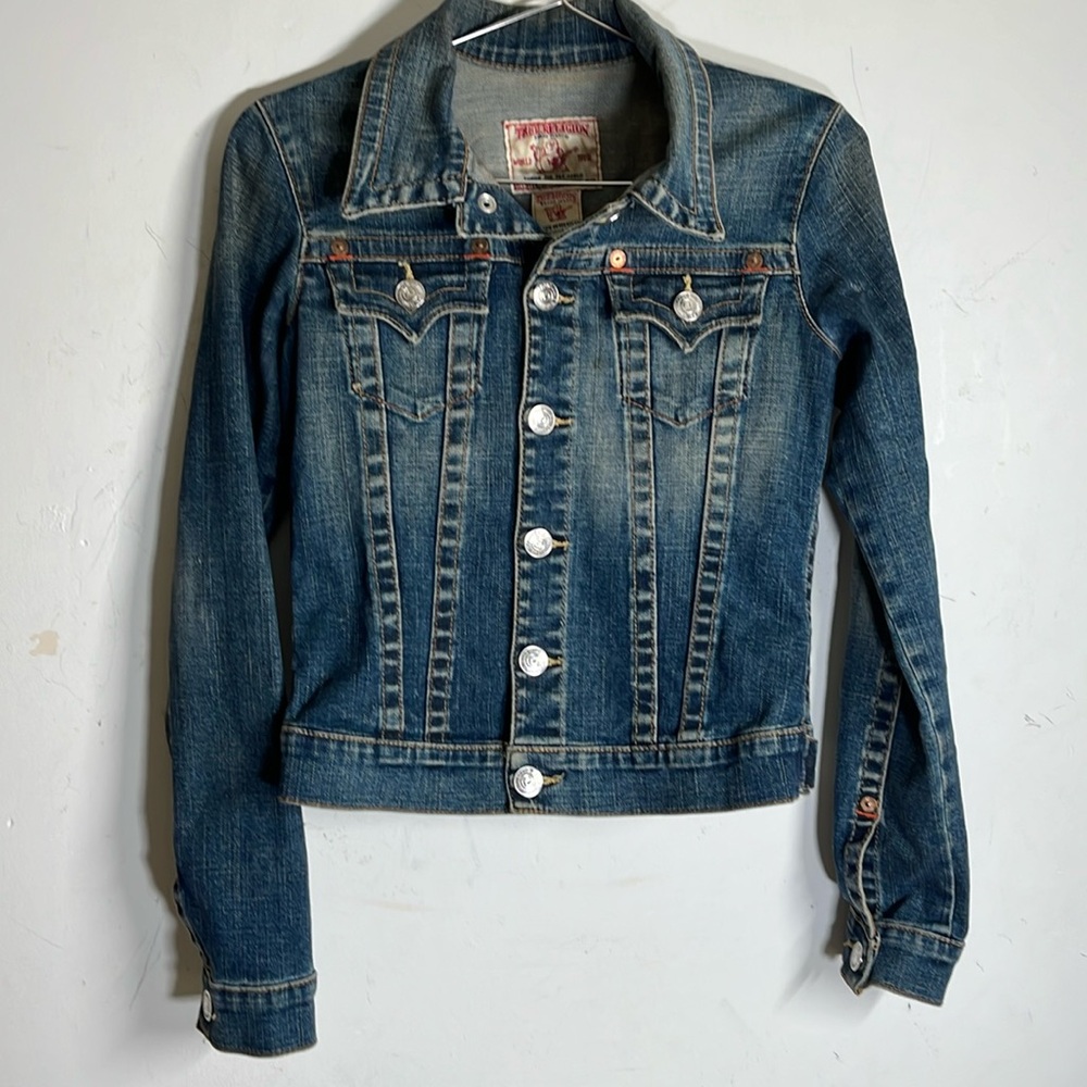 True Religion Emily Dark Wash Western Jean Denim Jacket Women’s Size M - Picture 2 of 9